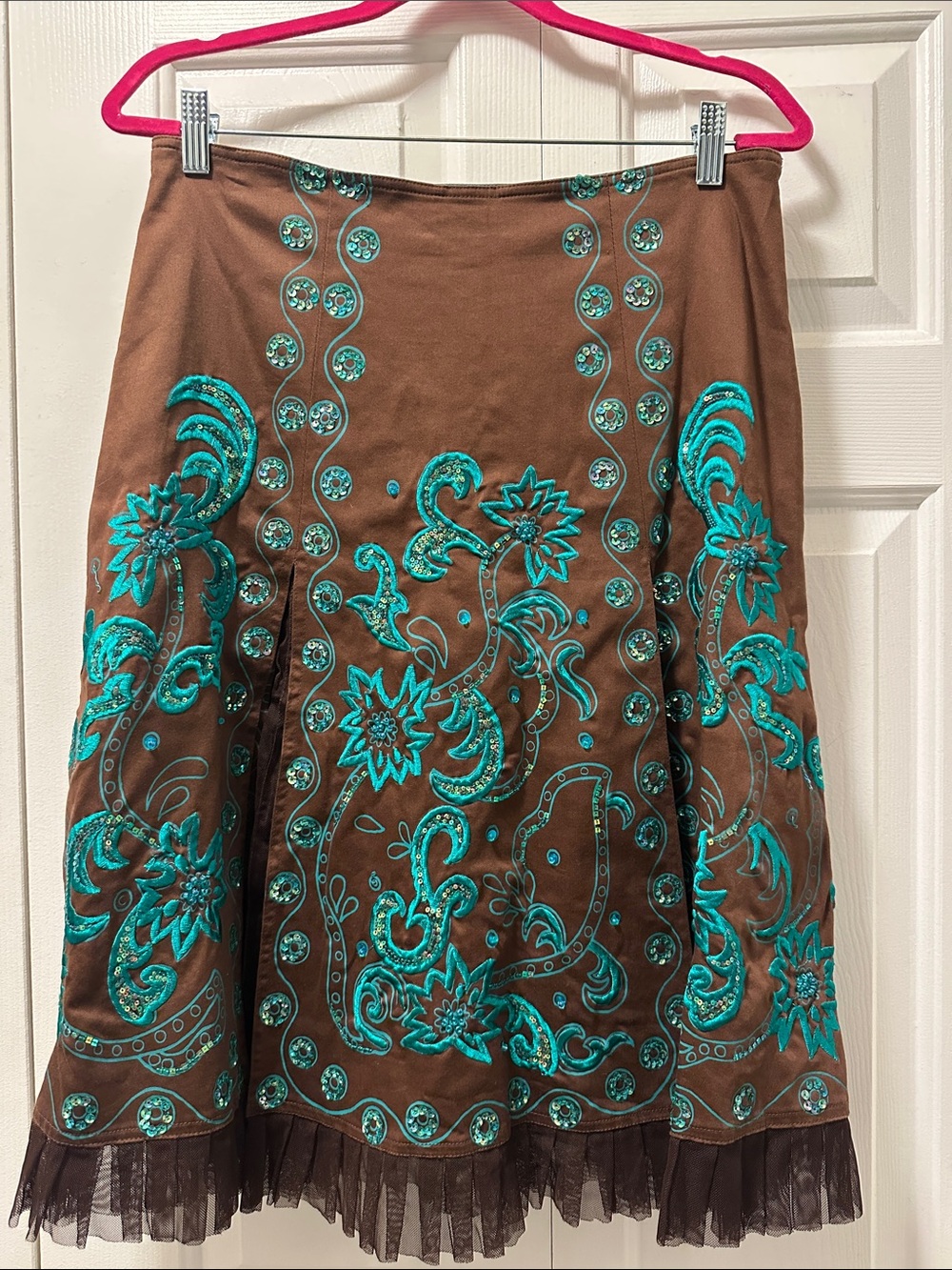Basil & Maude Brown A-Line, Pleated Skirt with Teal Sequined Embroidery